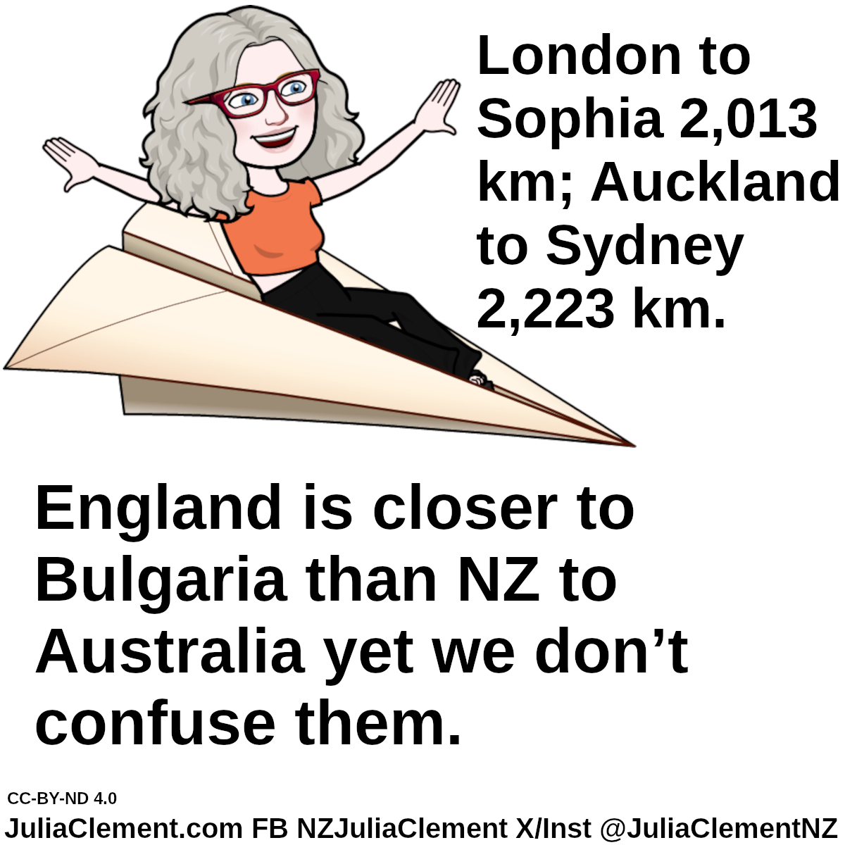 A comedian sits on a giant paper dart. Caption: London to Sophia 2,013 km; Auckland to Sydney 2,223 km. England is closer to Bulgaria than NZ to Australia yet we don’t confuse them.