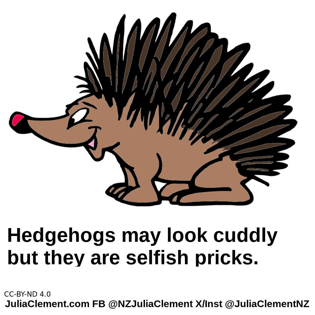 Cartoon Hedgehog with words "Hedgehogs may look cuddly but they are selfish pricks."