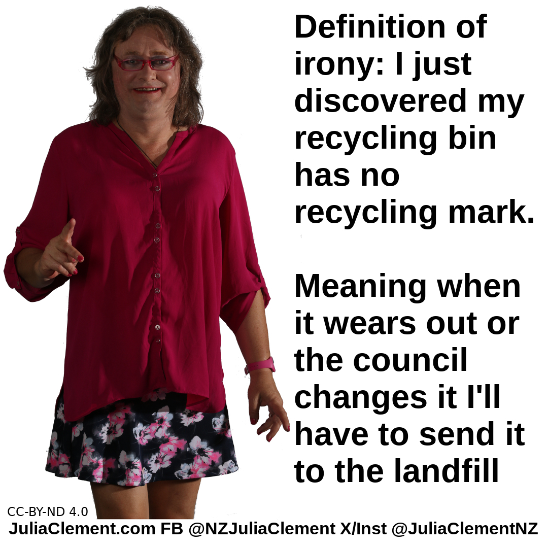 A woman is saying "Definition of irony: I just discovered my recycling bin has no recycling mark. Meaning when it wears out or the council changes it I'll have to send it to the landfill"
