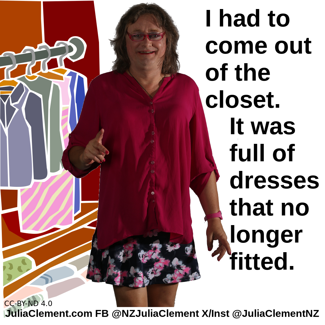 A comedian stands in front of a closet. Text "I had to come out of the closet. It was full of dresses that no longer fitted" Closet by https://www.wannapik.com/vectors/9193