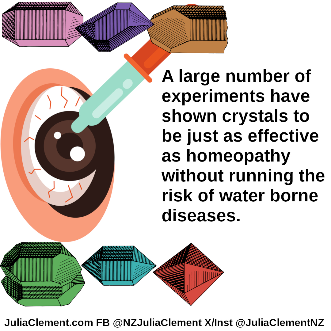 Crystals at top and bottom framing an eye having fluid dropped into if from a dropper. Text: A large number of experiments have shown crystals to be just as effective as homeopathy without running the risk of water borne diseases.