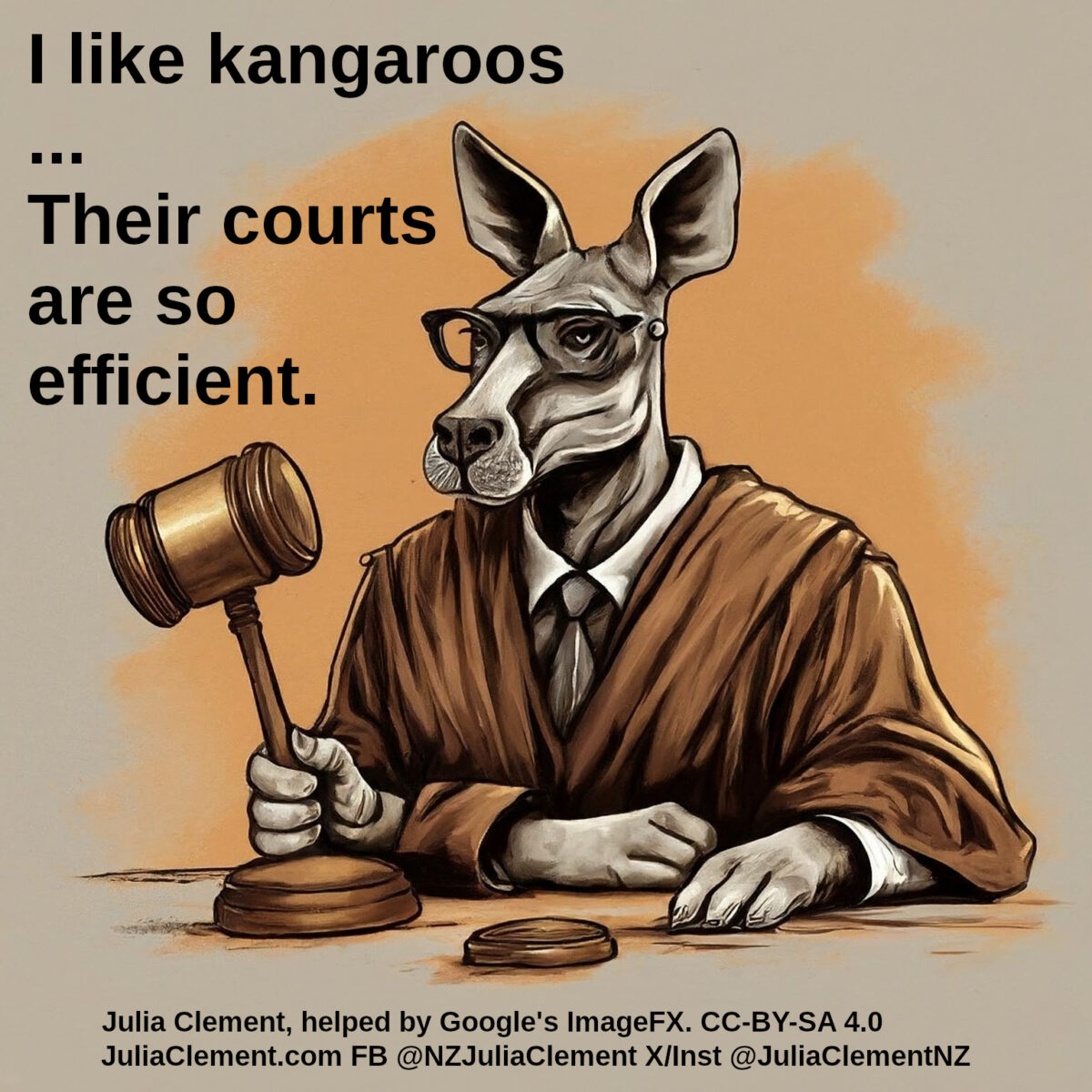 A three handed kangaroo wearing a judge's robe and holding a gavel sits at a desk. Text: I like kangaroos ... Their courts are so efficient.