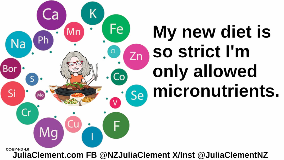 A comedian ready to start eating a large plate of food but she is surrounded by chemical symbols (and a mysterious Bor). Text: My new diet is so strict I'm only allowed micronutrients.