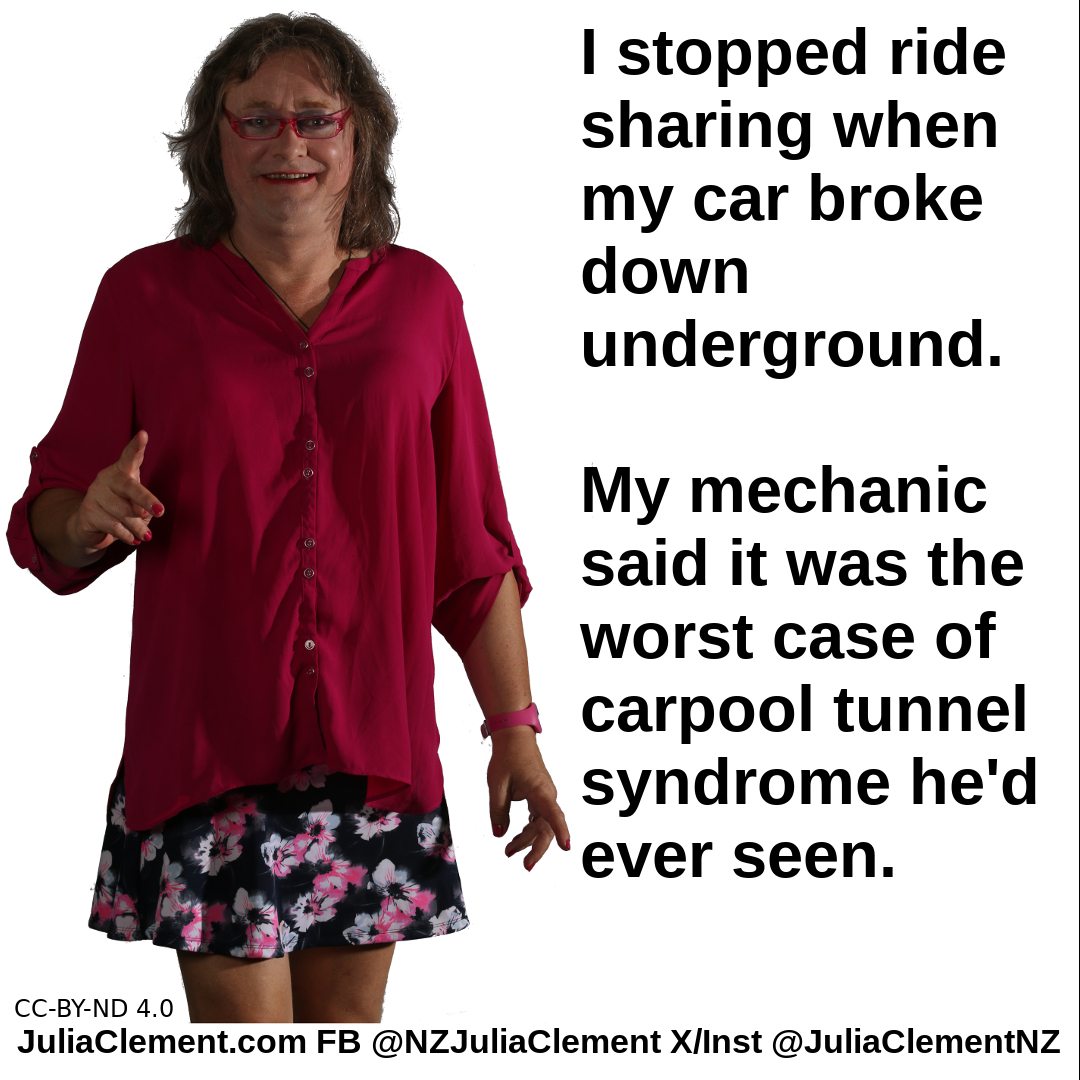 A comedian points and says "I stopped ride sharing when my car broke down underground. Mechanic said it was the worst case of carpool tunnel syndrome he'd ever seen."
