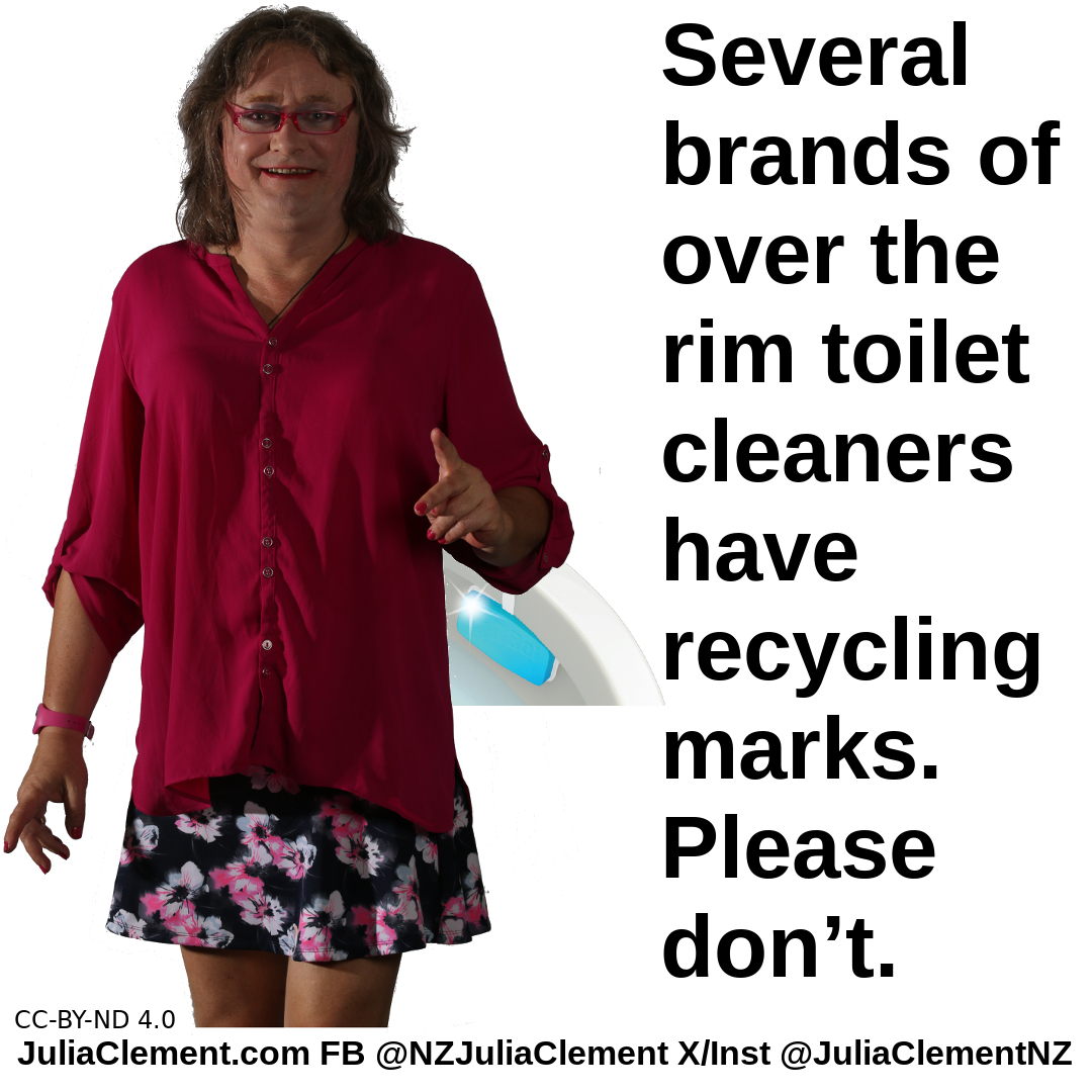 A comedian points at the audience, under her elbow is a segment of toilet bowl with an over the rim cleaner. She says "Several brands of over the rim toilet cleaners have recycling marks. Please don’t."