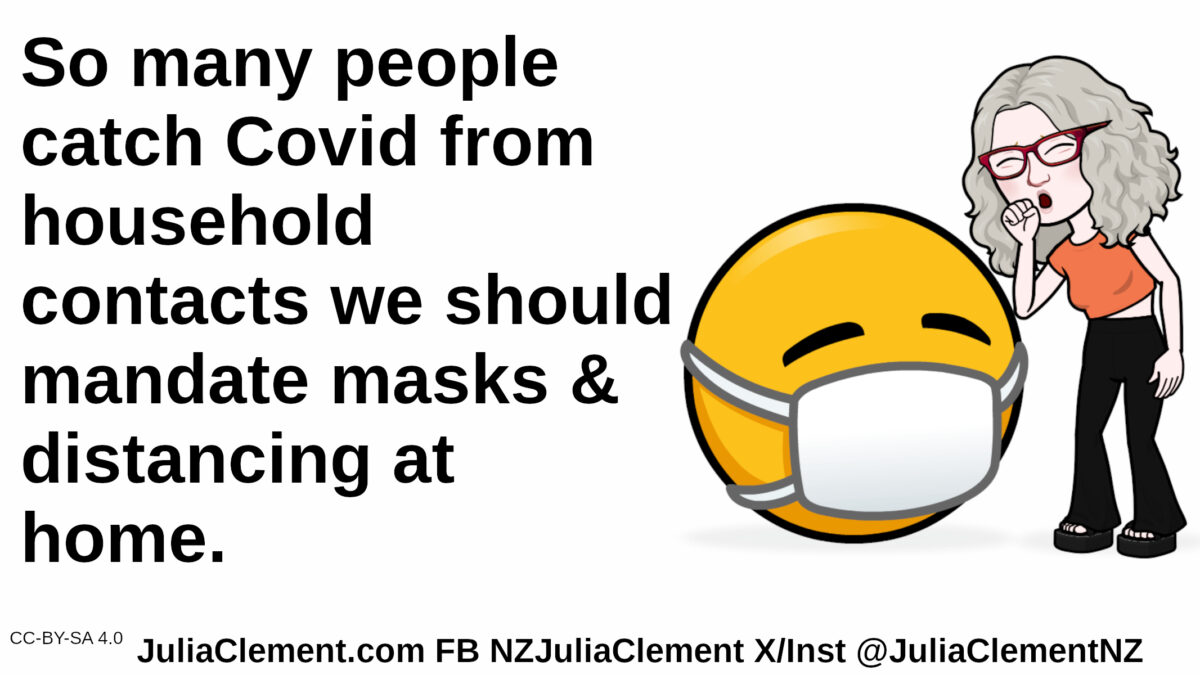 An emoji wearing a medical mask. A comedian is coughing into her hand. Text: So many people catch Covid from household contacts we should mandate masks & distancing at home.