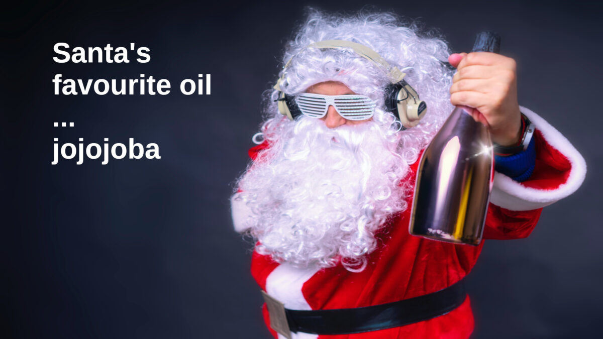 A man in a Santa Costume wearing sunglasses holds up a bottle. Text: Santa's favourite oil – Jojojoba