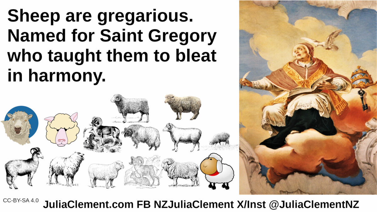 Pope Gregory in papal regalia in the clouds. Below him are arrayed different breeds of sheep. Text: Sheep are gregarious. Named for Saint Gregory who taught them to bleat in harmony