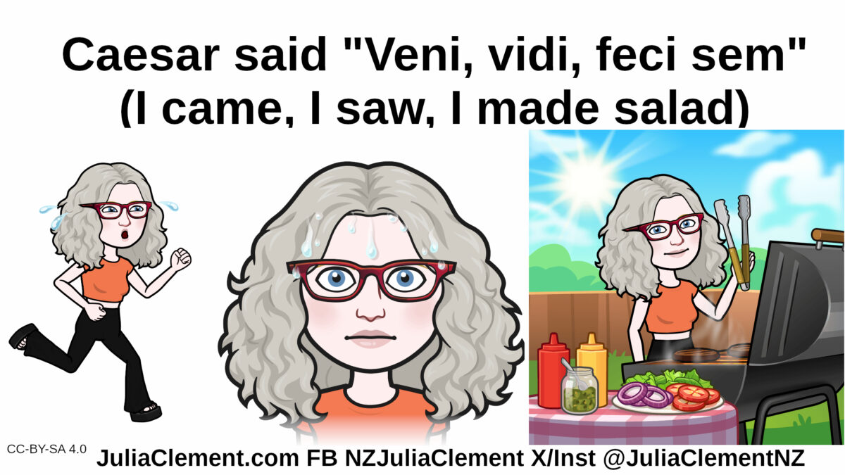 Three images of a comedian. In the first she is running in, in the second she is staring out of the screen and finally she is grilling at a barbecue with salad makings on display. Text: Caesar said "Veni, vidi, feci sem" (I came, I saw, I made salad)