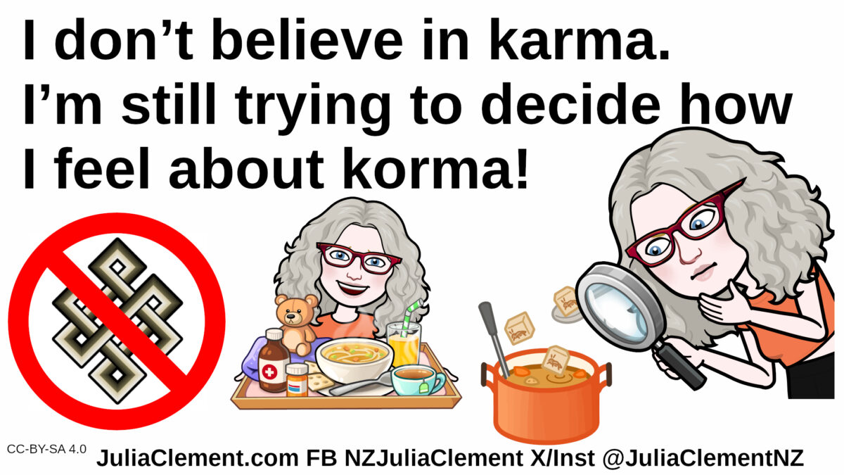 The endless knot covered with a "No" symbol, A comedian with a tray of food, a bowl of curry which a second image of the comedian examines. Text: I don’t believe in karma. I’m still trying to decide how I feel about korma!