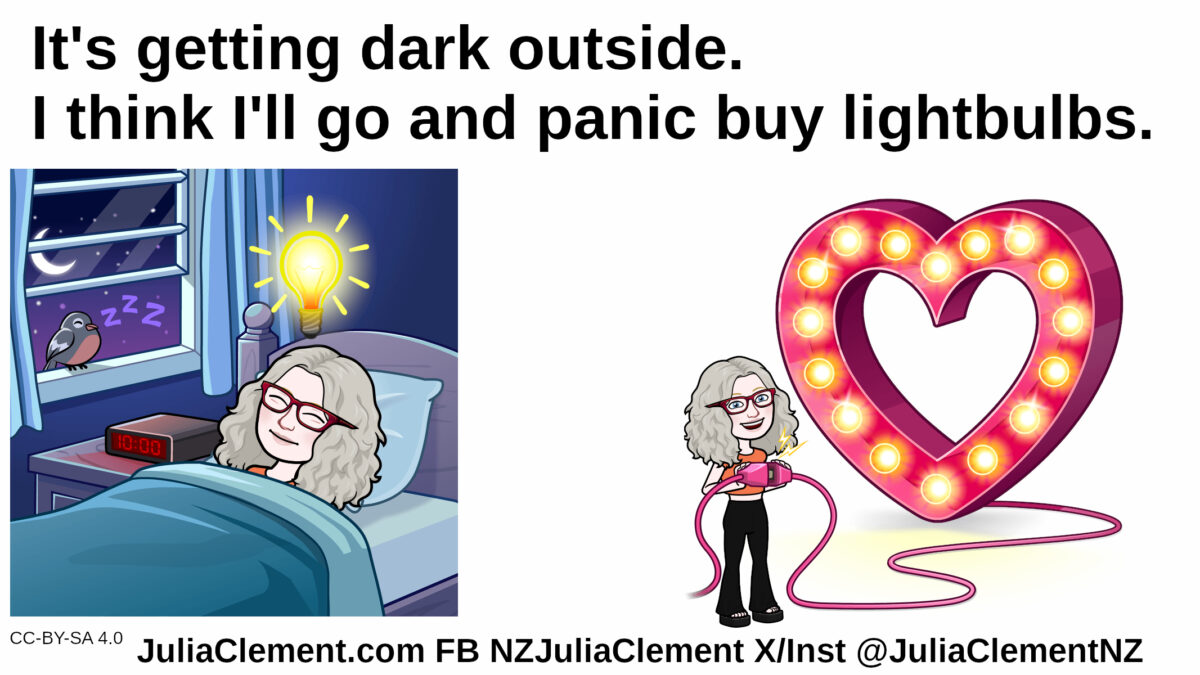 A comedian is asleep in bed, it is night and the moon is up while a bird is asleep on the window ledge. The clock says 10:00. She has a light bulb above her head. There is a partially obscured illuminated heart. Text: It's getting dark outside. I think I'll go and panic buy lightbulbs