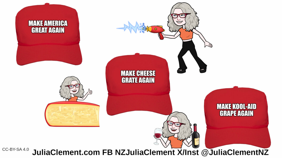 A comedian fires a ray gun at a cap saying "Make America great again." A second comedian is behind a wedge of Gruyère by a cap saying "Make cheese grate again." A third comedian is holding a glass of red wine looking away from a cap saying "Make Kool-Aid grape again."