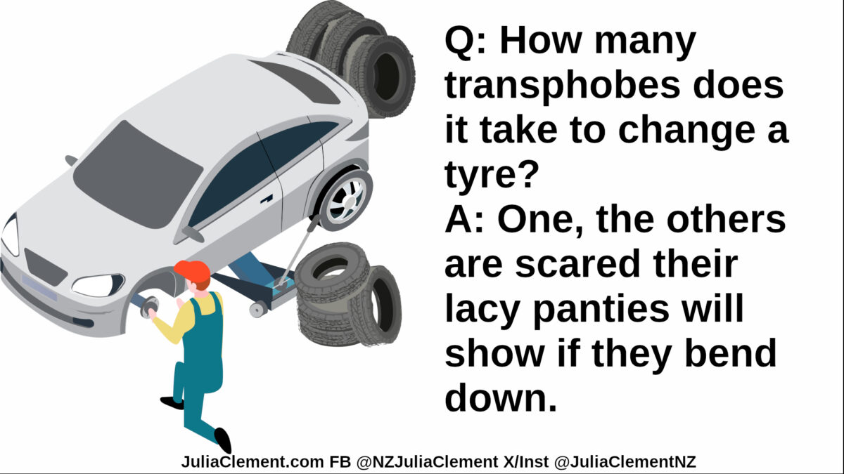 A mechanic is replacing the wheel on a car. Text: Q: How many transphobes does it take to change a tyre? A: One, the others are scared their lacy panties will show if they bend down.