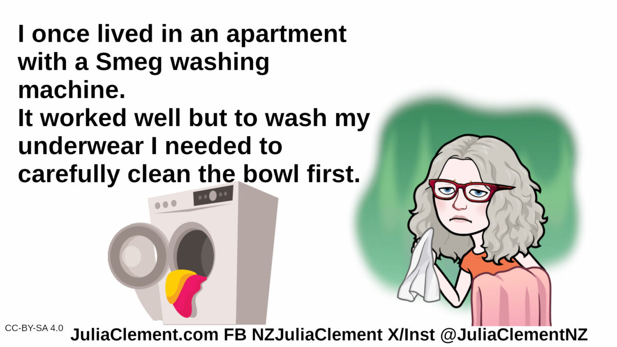 A washing machine, an unhappy comedian holding a cleaning cloth and towel. Text: I once lived in an apartment with a Smeg washing machine. It worked well but to wash my underwear I needed to carefully clean the bowl first.