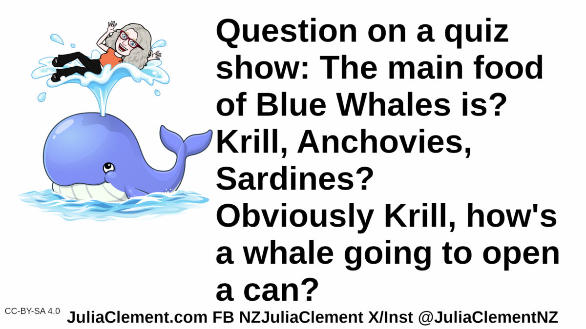 A comedian is held aloft on the spout from a blue whale. Text: Question on a quiz show: The main food of Blue Whales is? Krill, Anchovies, Sardines? Obviously Krill, how's a whale going to open a can?
