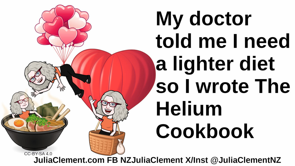 A comedian is eating a bowl of ramen. Two other comedians are being lifted by balloons. Text: My doctor told me I need a lighter diet so I wrote The Helium Cookbook