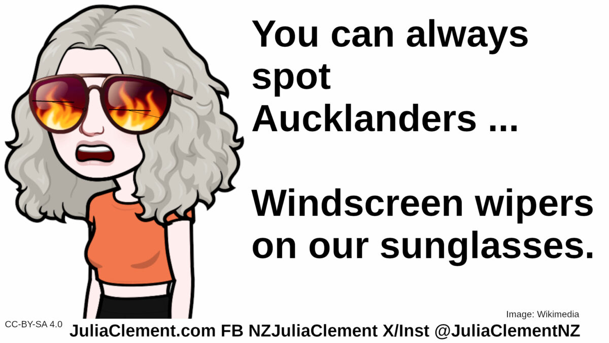 A comedian is wearing sunglasses reflecting fire. Text: You can always spot Aucklanders ... Windscreen wipers on our sunglasses.