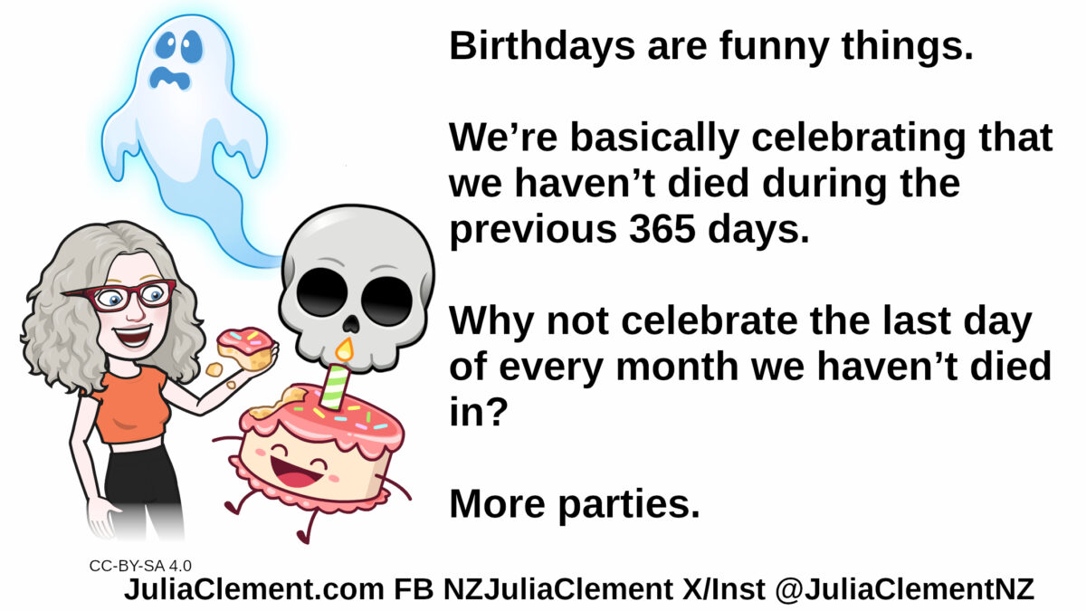 A comedian eats a slice of birthday cake. A skill floats above the cake and to the rear is a ghost. Text: Birthdays are funny things. We’re basically celebrating that we haven’t died during the previous 365 days. Why not celebrate the last day of every month we haven’t died in? More parties.