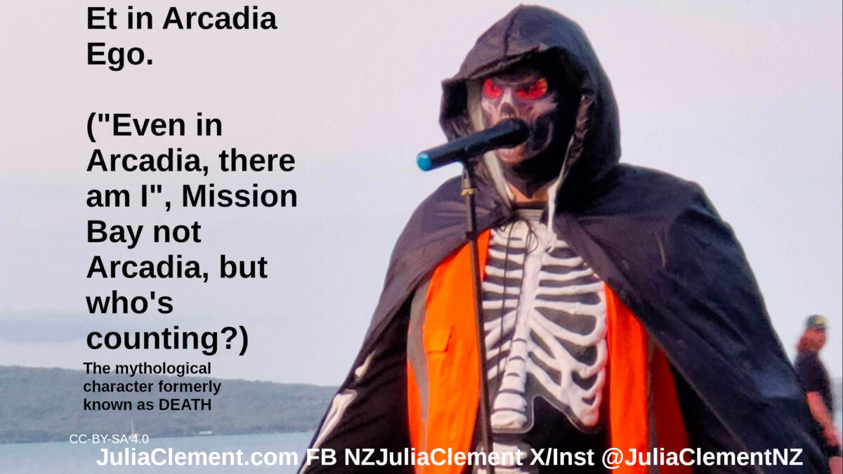 DEATH stands on the foreshore, Rangitoto is in the background. Text: A comedian eats a slice of birthday cake. A skill floats above the cake and to the rear is a ghost. Text: Et in Arcadia Ego. ("Even in Arcadia, there am I", Mission Bay not Arcadia, but who's counting?)