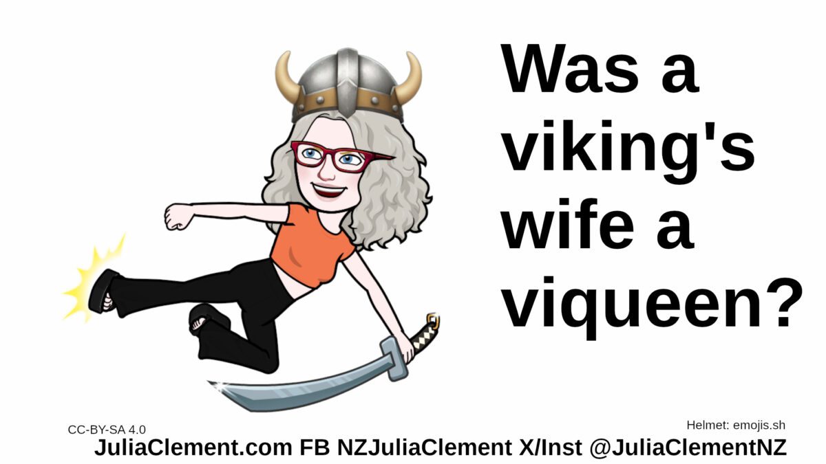 A woman carrying a curved sword is doing some kind of unrealistic martial arts kick. She has a very small horned helmet on her head. Text: Was a viking's wife a viqueen?