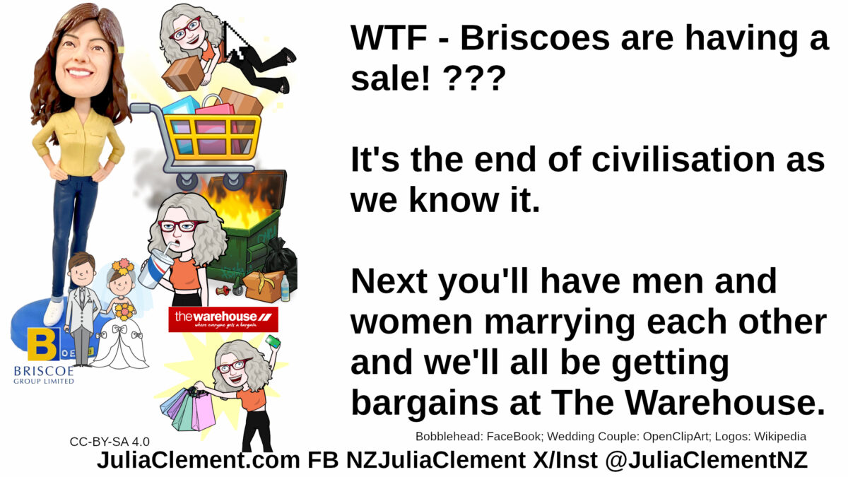 The Briscoes Lady Bobblehead. Julia places boxes in a shopping trolley. Julia stands in front of a dumpster fire. Briscoes & Warehouse logos. A wedding couple. Julia with an overjoyed expression is shopping. WTF - Briscoes are having a sale! ??? It's the end of civilisation as we know it. Next you'll have men and women marrying each other and we'll all be getting bargains at The Warehouse.