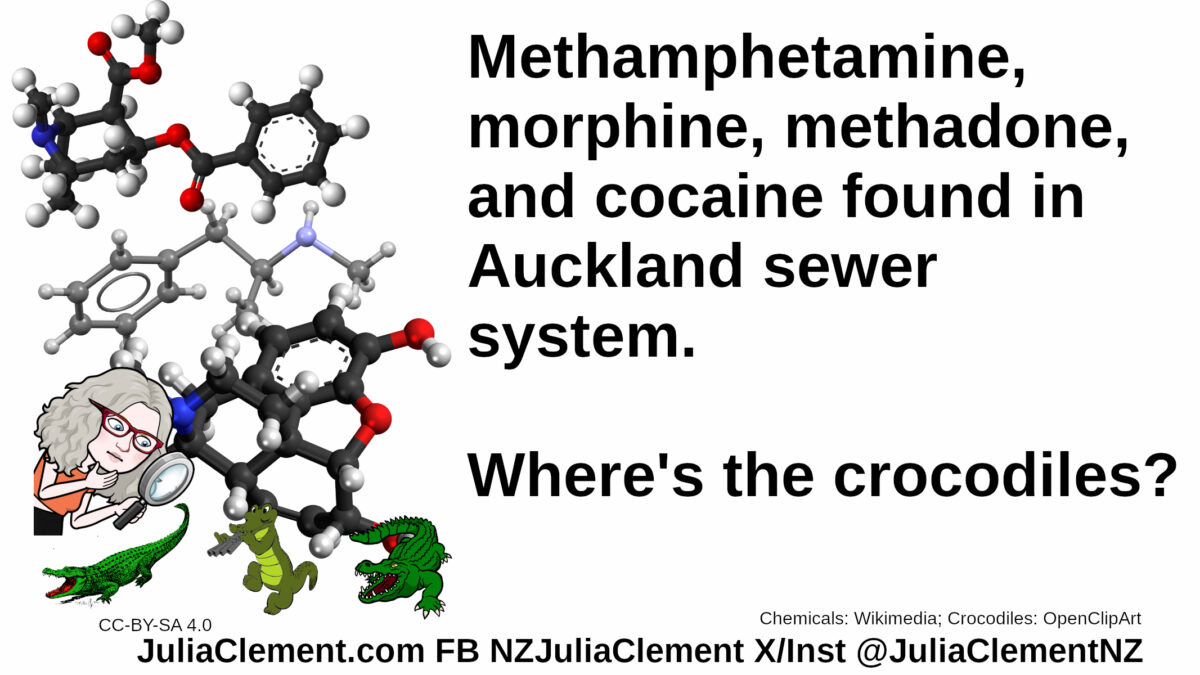 Chemical diagrammes for some common illegal drugs. Julia examines some crocodiles. Text: Methamphetamine, morphine, methadone, and cocaine found in Auckland sewer system. Where's the crocodiles?