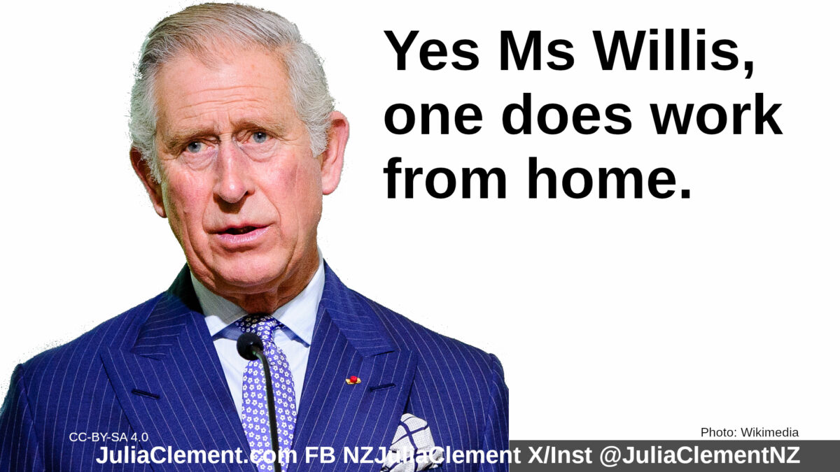 King Charles in a blue pinstripe suit. Text: Yes Ms Willis, one does work from home. (This is a reference to current NZ politics)