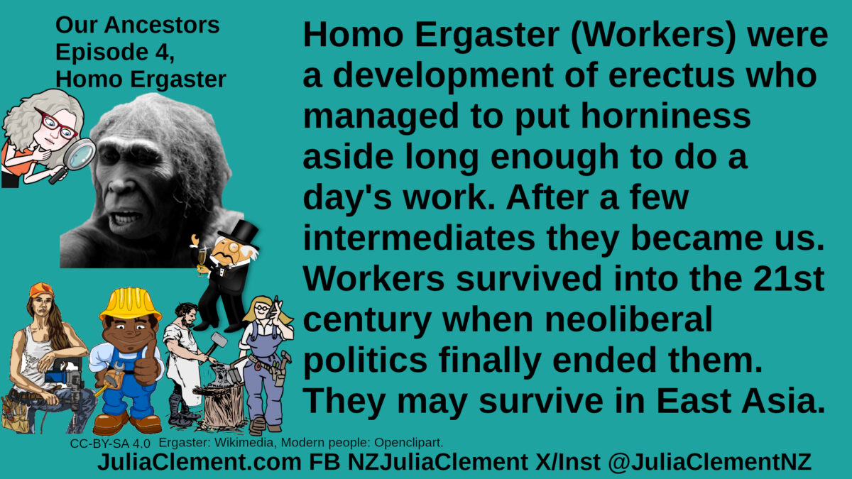 Julia looks at head of a reconstructed Homo Ergaster. A plutocrat with a glass of champagne. Four manual workers. Text: Our Ancestors Episode 4, Homo Ergaster Homo Ergaster (Workers) were a development of erectus who managed to put horniness aside long enough to do a day's work. After a few intermediates they became us. Workers survived into the 21st century when neoliberal politics finally ended them. They may survive in East Asia.