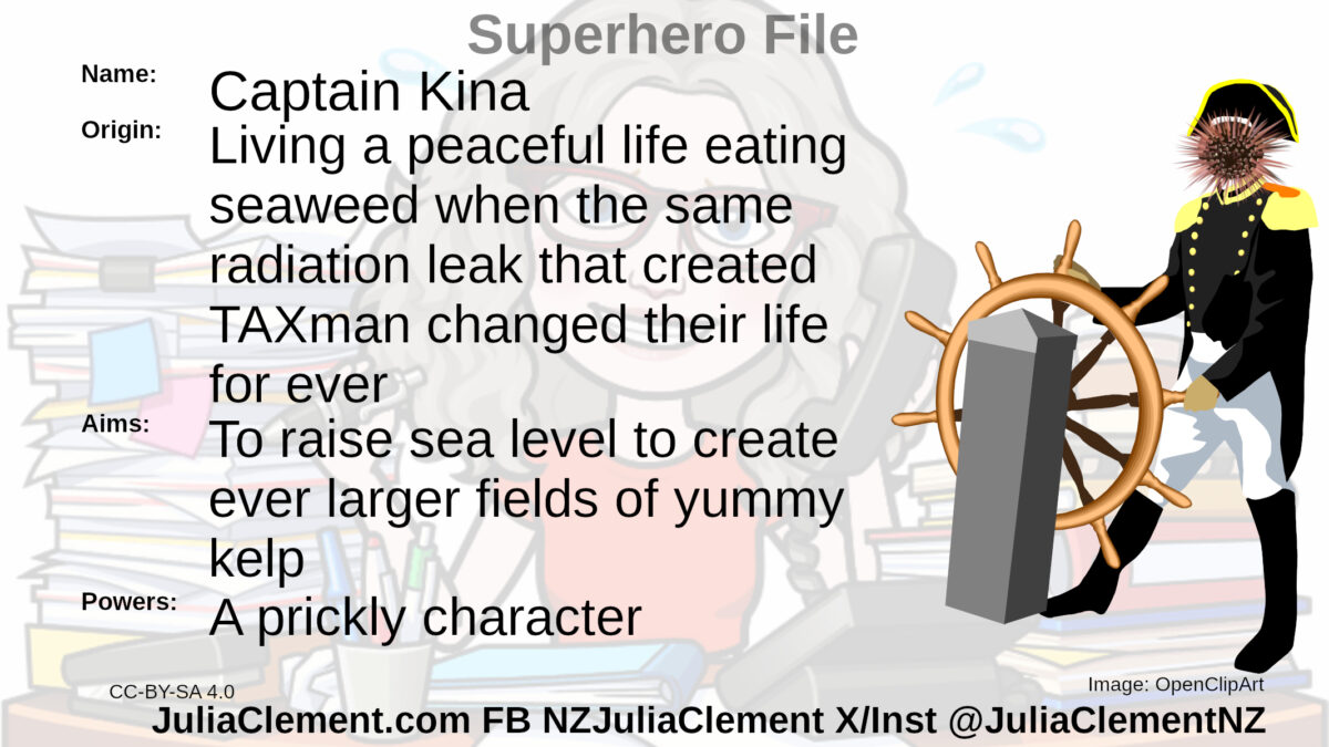 A kina replacing the head of a 19th century admiral at the helm. Text: Super Hero File Name: Captain Kina Origin: Living a peaceful life eating seaweed when the same radiation leak that created TAXman changed their life for ever Powers: A prickly character Aims: To raise sea level to create ever larger fields of yummy kelp