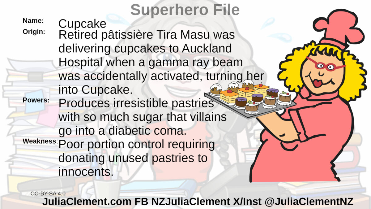 A blonde pâtissière in a pink chef's outfit including hat carries a tray of cakes Text: Super Hero File Name: Cupcake Origin: Retired pâtissière Tira Masu was delivering cupcakes to Auckland Hospital when a gamma ray beam was accidentally activated, turning her into Cupcake. Powers: Produces irresistible pastries with so much sugar that villains go into a diabetic coma. Weaknesses: Poor portion control requiring donating unused pastries to innocents.