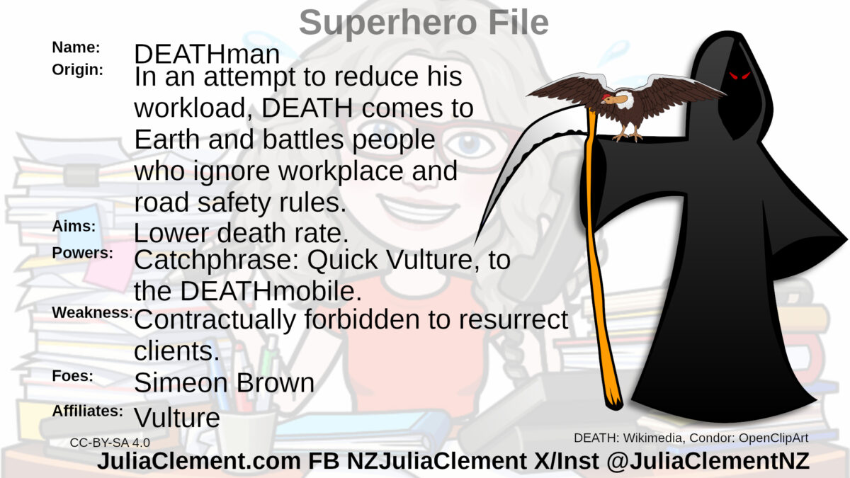 A Grim Reaper holding a scythe. VULTURE (a condor is perched on its arm. Text: Super Hero File Name: DEATHman Origin: In an attempt to reduce his workload, DEATH comes to Earth and battles people who ignore workplace and road safety rules. Powers: Catchphrase: Quick Vulture, to the DEATHmobile. Aims: Lower death rate. Weaknesses: Contractually forbidden to resurrect clients. Foes: Simeon Brown Affiliates: Vulture