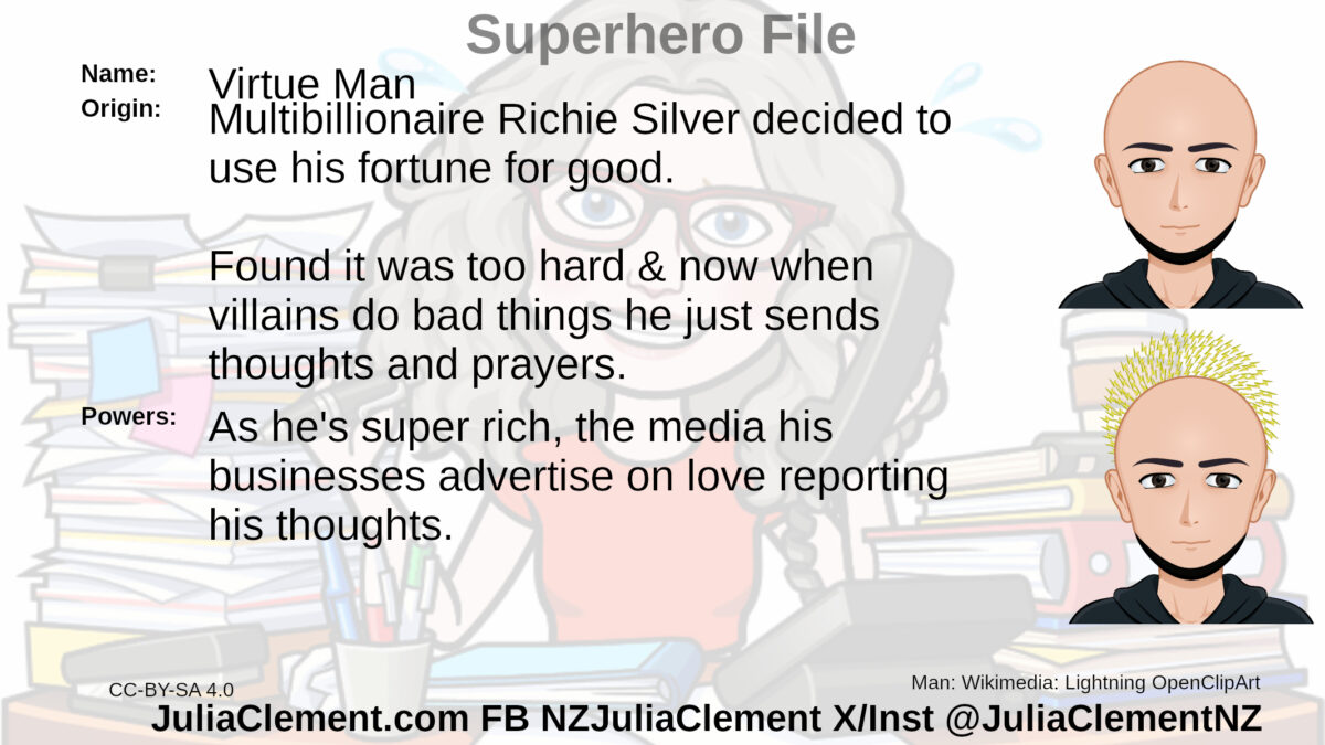 Two pictures of a bald man with neckbeard and hoodie.The lower picture has stylised lightning coming out of his head. Text: Super Hero File Name: Virtueman Origin: Multibillionaire Richie Silver decided to use his fortune for good. Found it was too hard & now when villains do bad things he just sends thoughts and prayers. Powers: As he's super rich, the media his businesses advertise on love reporting his thoughts.