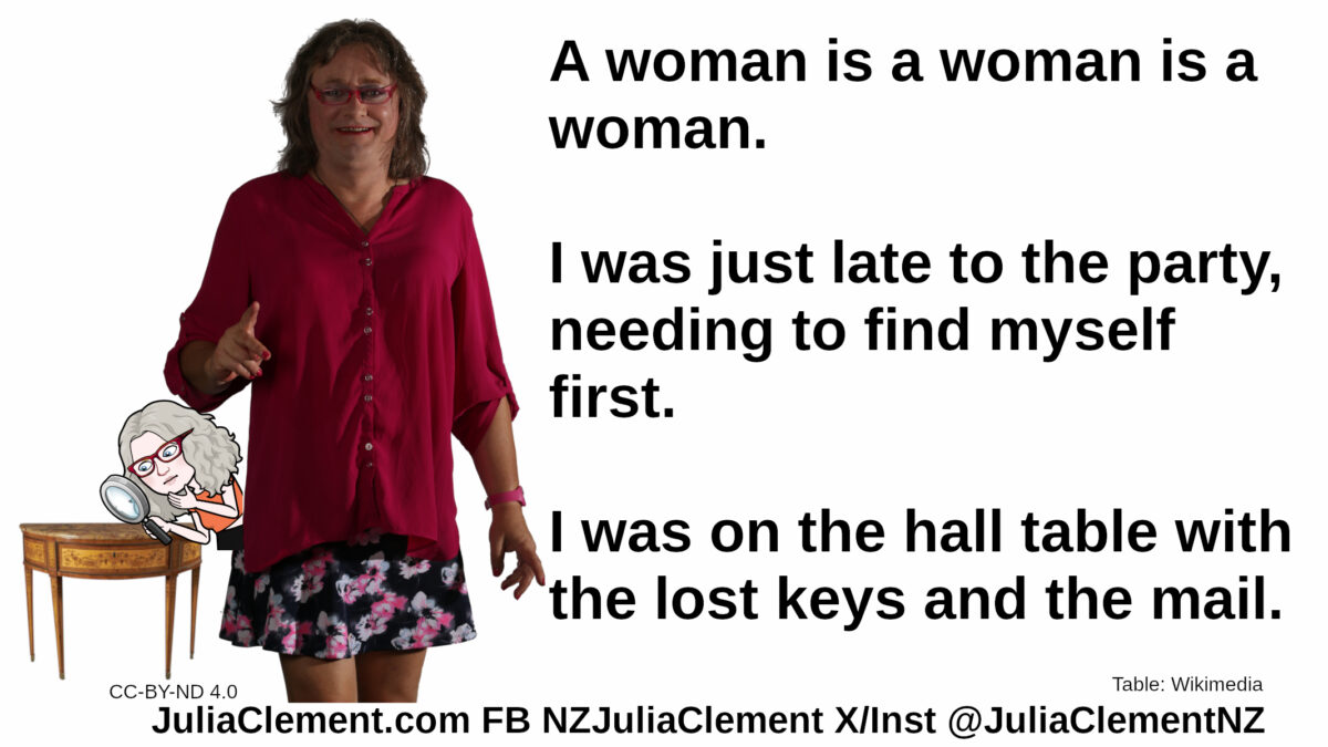 Julia examines a desk with a magnifying glass. A photo of Julia holds a hand up to make a point. Text: A woman is a woman is a woman. I was just late to the party, needing to find myself first. I was on the hall table with the lost keys and the mail.