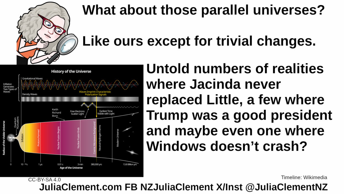 Julia examines a diagramme of the history of the universe, Big Bang to Today. Text: What about those parallel universes? Like ours except for trivial changes. Untold numbers of realities where Hillary was elected, dozens where Jacinda never replaced Little, a few where Trump was a good president and maybe even one where Windows doesn’t crash?