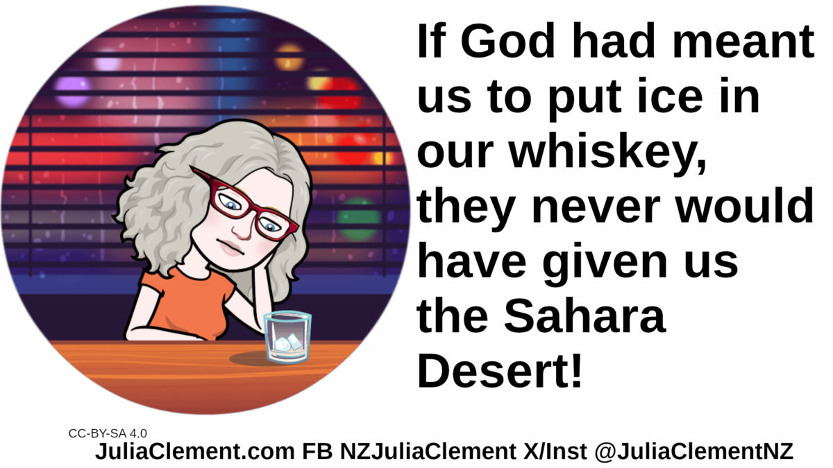 Julia sits at a bar staring at an empty glass with ice cubes in it. Text: If God had meant us to put ice in our whiskey they never would have given us the Sahara Desert!