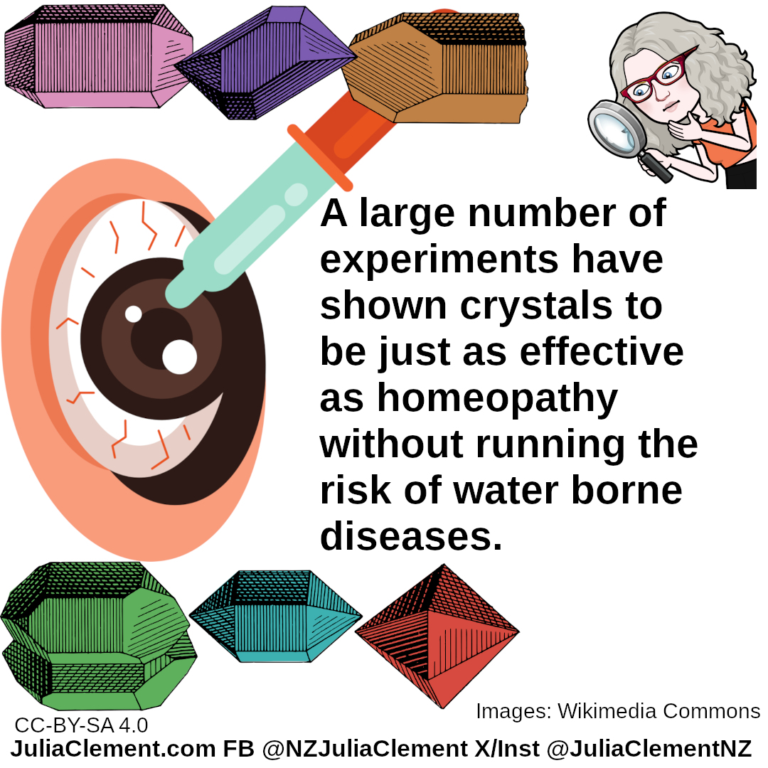 Crystals at top and bottom framing an eye having fluid dropped into if from a dropper. Text: A large number of experiments have shown crystals to be just as effective as homeopathy without running the risk of water borne diseases. Text: A large number of experiments have shown crystals to be just as effective as homeopathy without running the risk of water borne diseases.