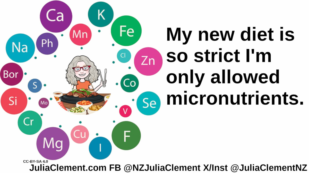 Julia ready to start eating a large plate of food but she is surrounded by chemical symbols (and a mysterious Bor). Text: My new diet is so strict I'm only allowed micronutrients.