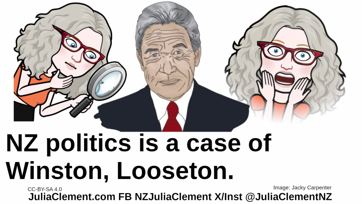 Julia is examining a politician. Another picture of her is showing fear. Text: NZ politics is a case of Winston, Looseton.