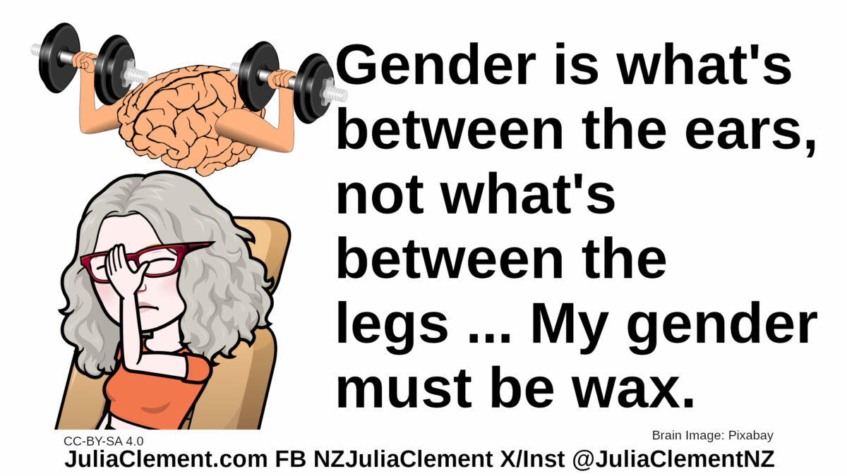 A brain with muscular arms lifts weights. Julia sits in a chair while facepalming. Text: Gender is what's between the ears, not what's between the legs ... My gender must be wax.