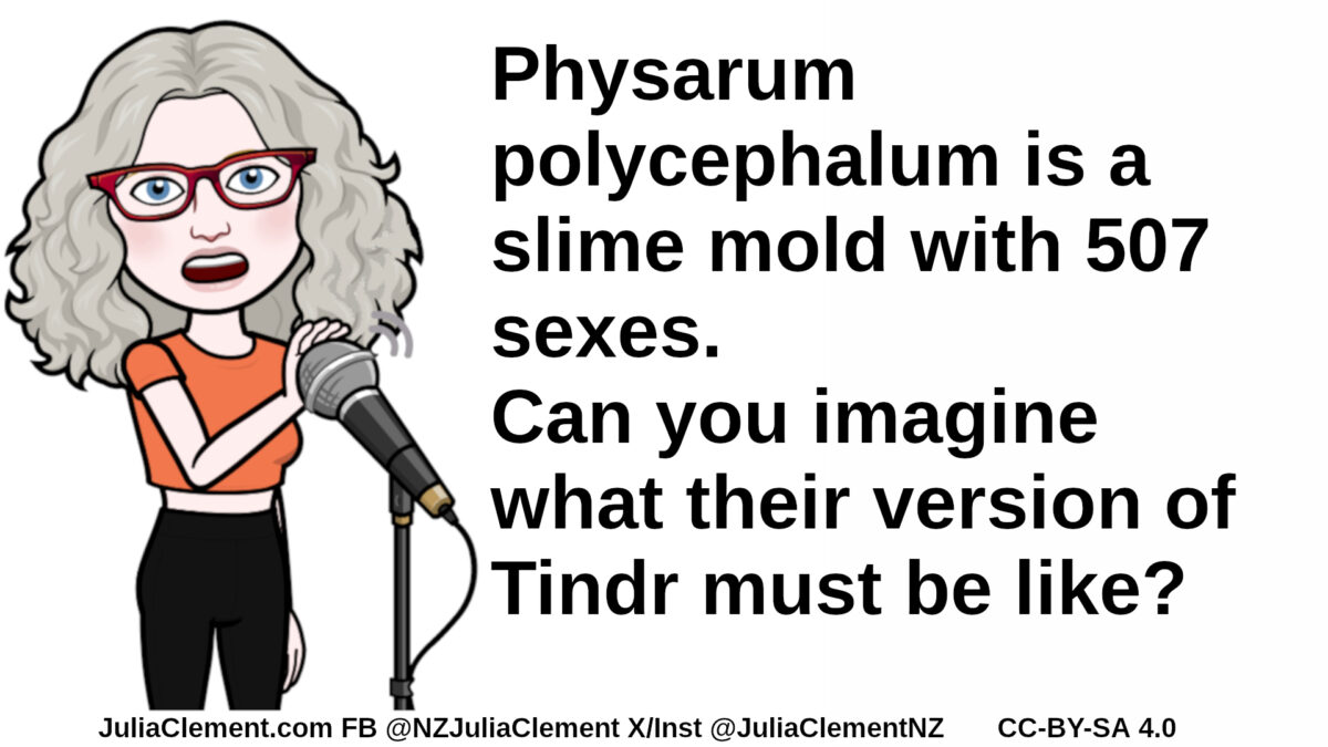 Julia stands at a mic stand, covering the microphone with her hand. Text: Physarum polycephalum is a slime mold with 507 sexes. Can you imagine what their version of Tindr must be like?