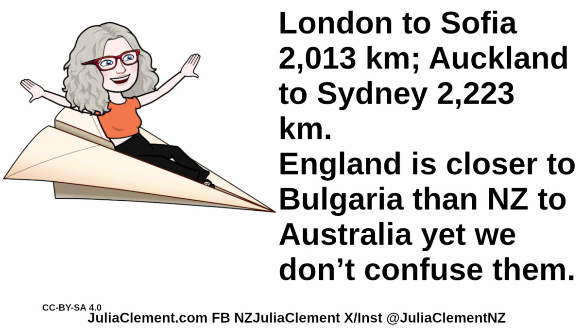 Julia gleefully sits on a giant paper dart. Text: London to Sofia 2,013 km; Auckland to Sydney 2,223 km. England is closer to Bulgaria than NZ to Australia yet we don’t confuse them.