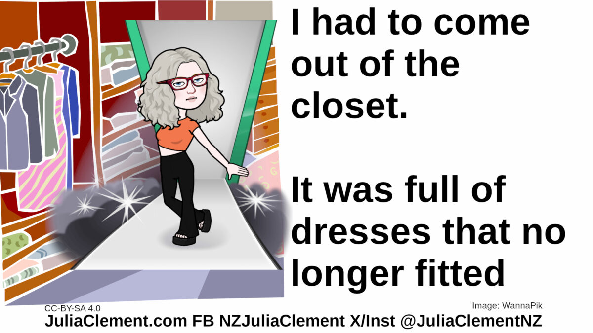 Julia sashays down a runway. To her right is a closet with clothes on hangers. Text: I had to come out of the closet. It was full of dresses that no longer fitted.