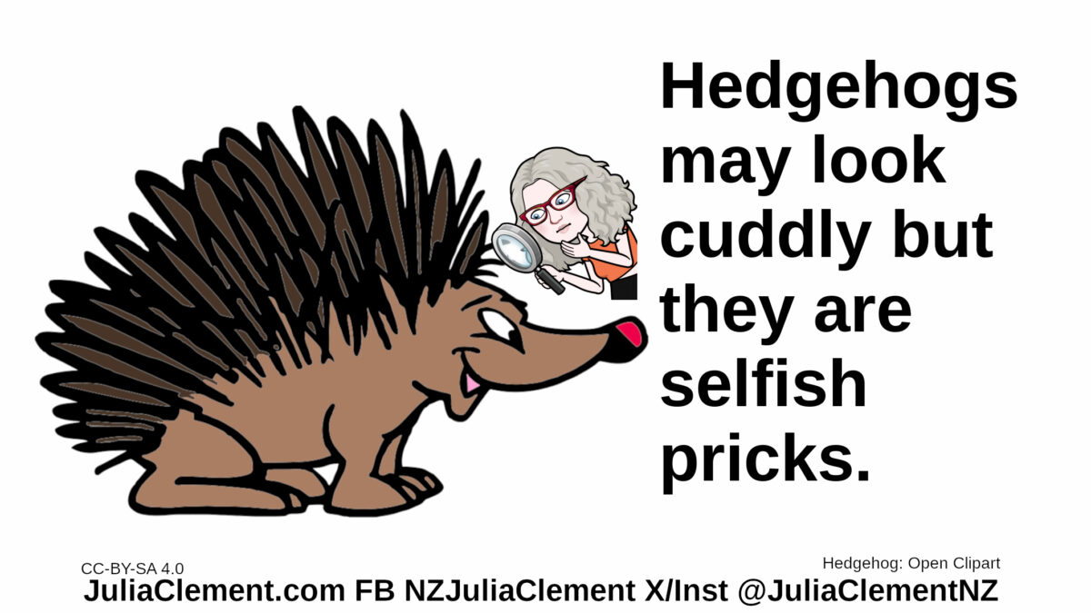 Julia examines a smiling hedgehog. Text: Hedgehogs may look cuddly but they are selfish pricks.