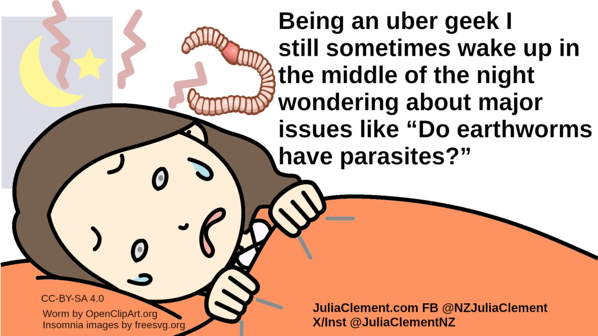A woman holding her sheet up is crying in bed, an earthworm floats above her head. Text: Being an uber geek I still sometimes wake up in the middle of the night wondering about major issues like “Do earthworms have parasites?”