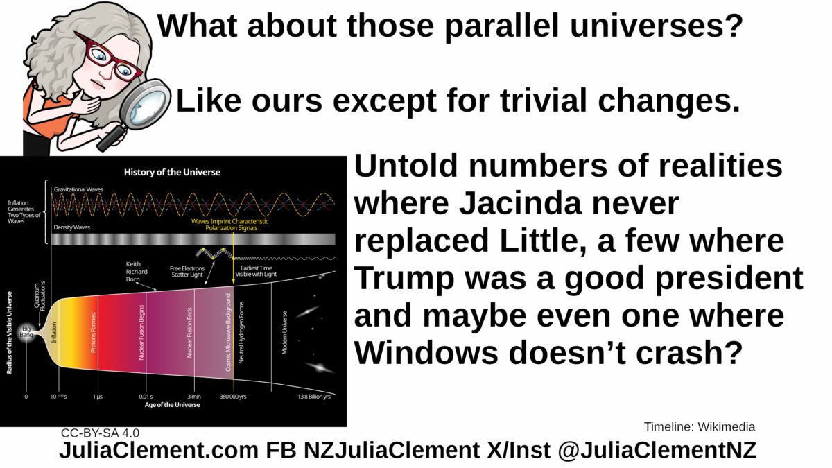 Julia examines a diagramme of the history of the universe, Big Bang to Today. Text: What about those parallel universes? Like ours except for trivial changes. Untold numbers of realities where Hillary was elected, dozens where Jacinda never replaced Little, a few where Trump was a good president and maybe even one where Windows doesn’t crash?