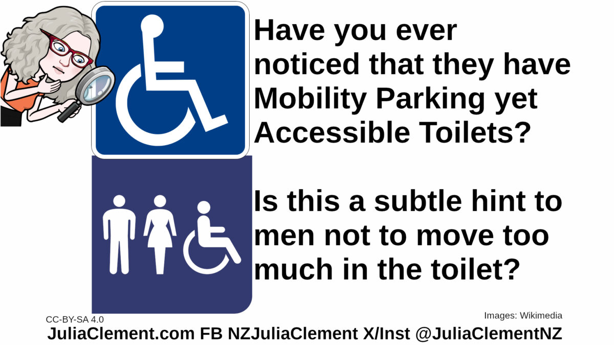 Julia examines a mobility parking sign & an accessible toilet sign. Text: Have you ever noticed that they have Mobility Parking yet Accessible Toilets? Is this a subtle hint to men not to move too much in the toilet?