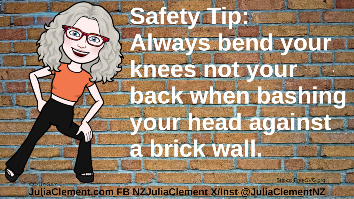 A smiling Julia with her left knee bent stands in front of a brick wall. Text: Safety Tip: Always bend your knees not your back when bashing your head against a brick wall.