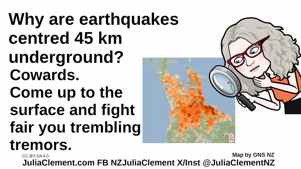 Julia examines a North Island map with yellow & orange squares overlaid. Text: Why are earthquakes centred 45 km underground? Cowards! Come up to the surface and fight fair you trembling tremors.