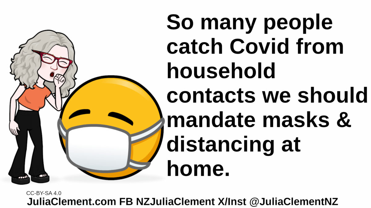 An emoji wearing a medical mask. Julia is coughing into her hand. Text: So many people catch Covid from household contacts we should mandate masks & distancing at home.