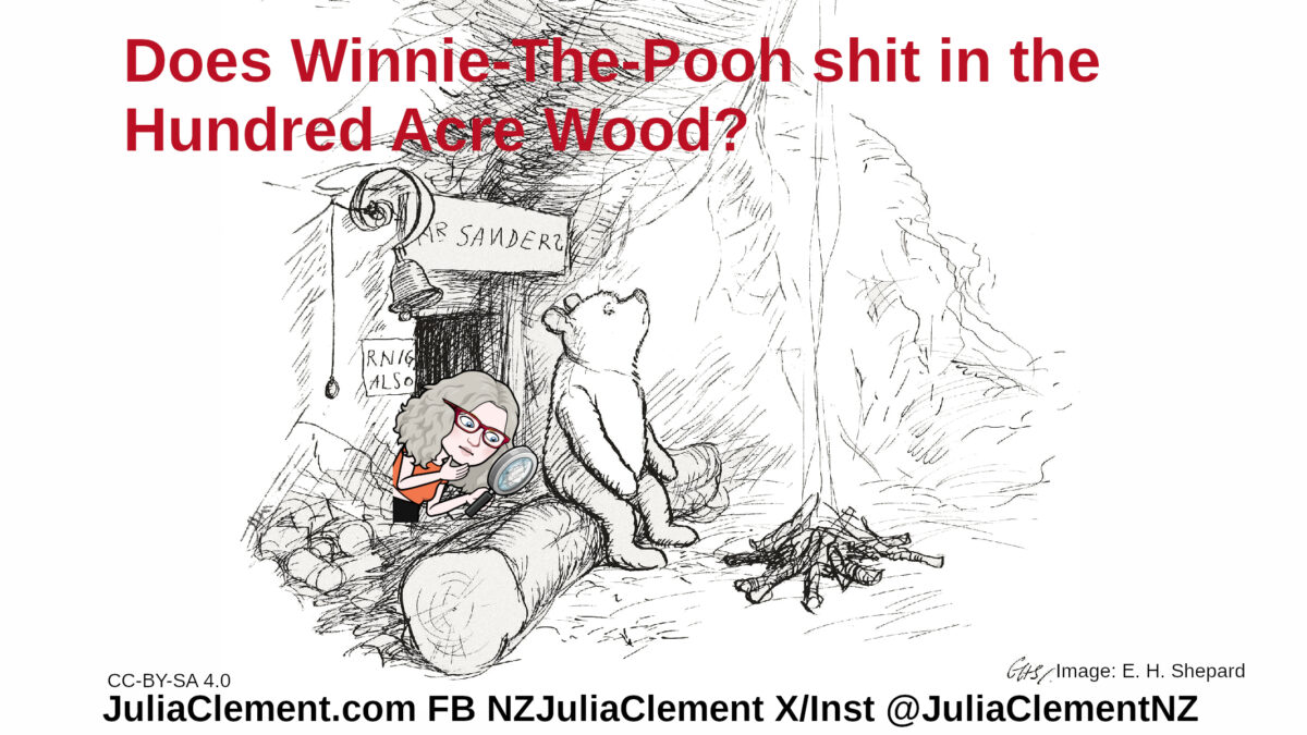 Winnie-The-Pooh sits on a log by a campfire with the door for Mr Sanders house behind him. Julia examines the back of the log. Text: Does Winnie-The-Pooh shit in the Hundred Acre Wood?